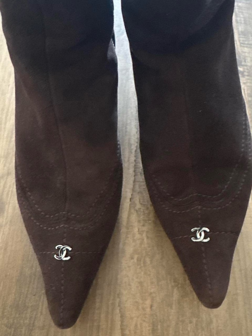 CHANEL Dark Brown Suede Pointed-Toe Knee Boots - Picture 2 of 7